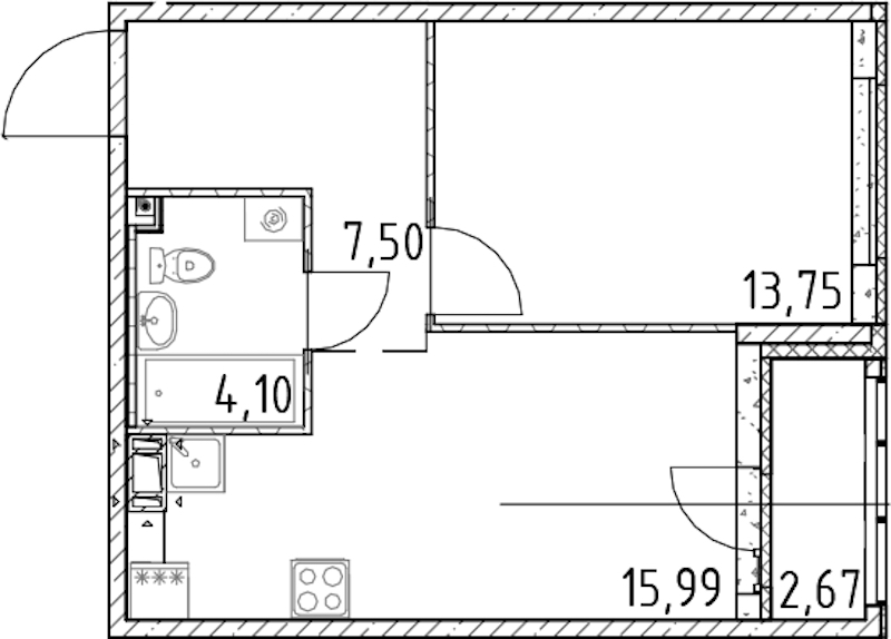 1-комнатная квартира 41.34 м², 15/17 эт., ЖК «Город Первых»
